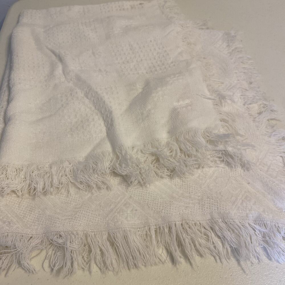 Beautiful Vintage MCM Acrylic White Square Tablecloth Japan Made Fringe Lot Of 2